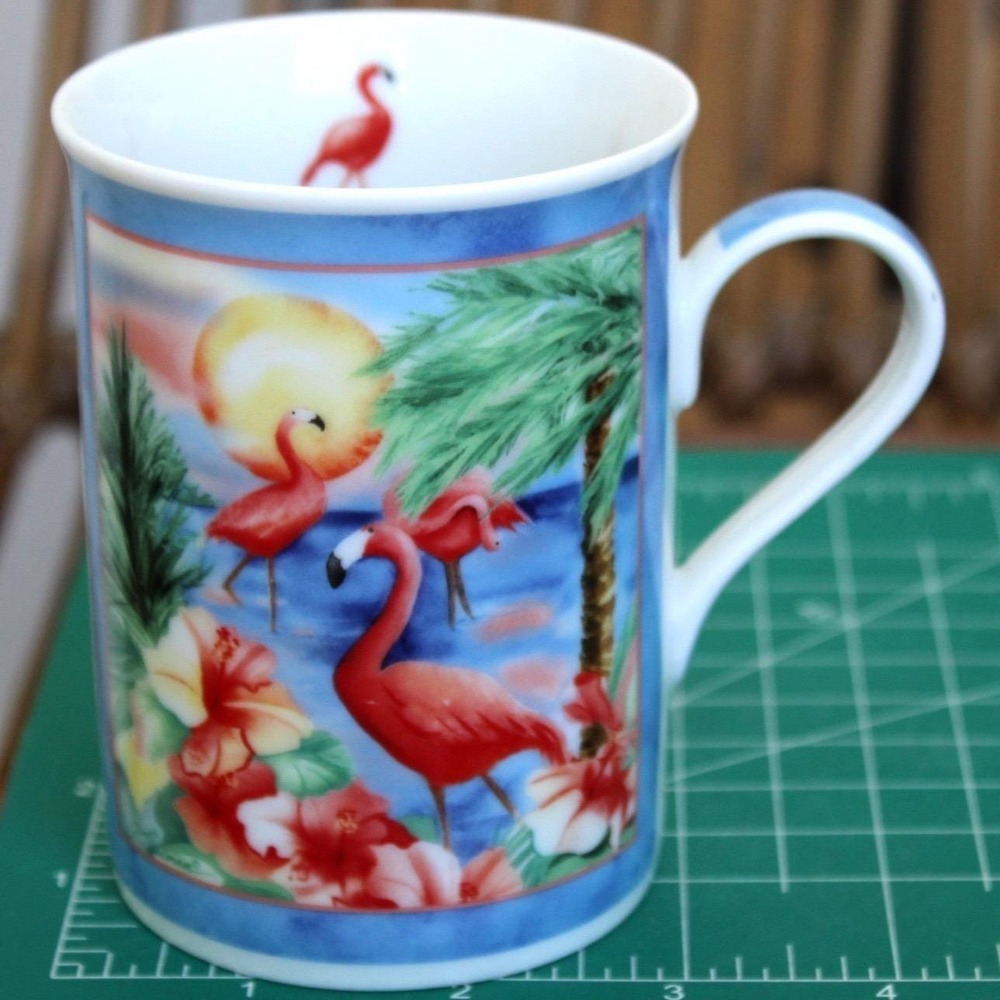 Greenbrier Flamingo Bay Fine Porcelain Mug Tropical Sunset A Bauman Blue Pink